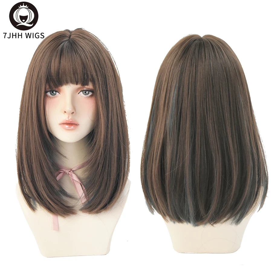 Light Brown Straight Wig with Bangs – Synthetic & Heat-Resistant