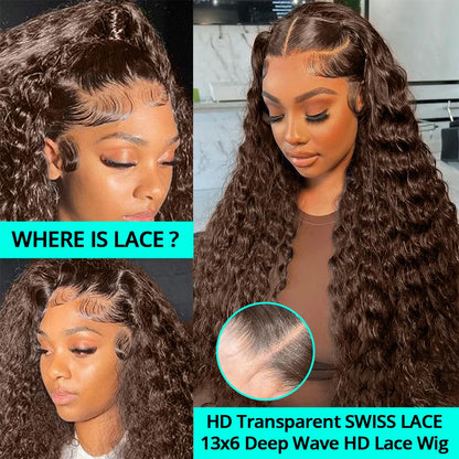 Chocolate Brown Deep Wave Lace Front Wig – 13x6 Transparent HD Human Hair Wig for Women