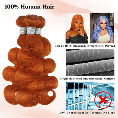 Brazilian Virgin Hair Orange Ginger Bundles – Unprocessed Body Wave Extensions in Copper Orange