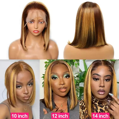 Ombre Brown 4/27 Highlight Bob Wig – Straight Glueless Lace Front Human Hair for Women