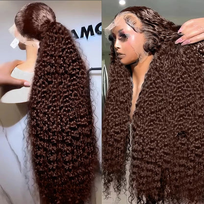 Chocolate Brown Deep Wave Lace Front Wig – 13x6 Transparent HD Human Hair Wig for Women