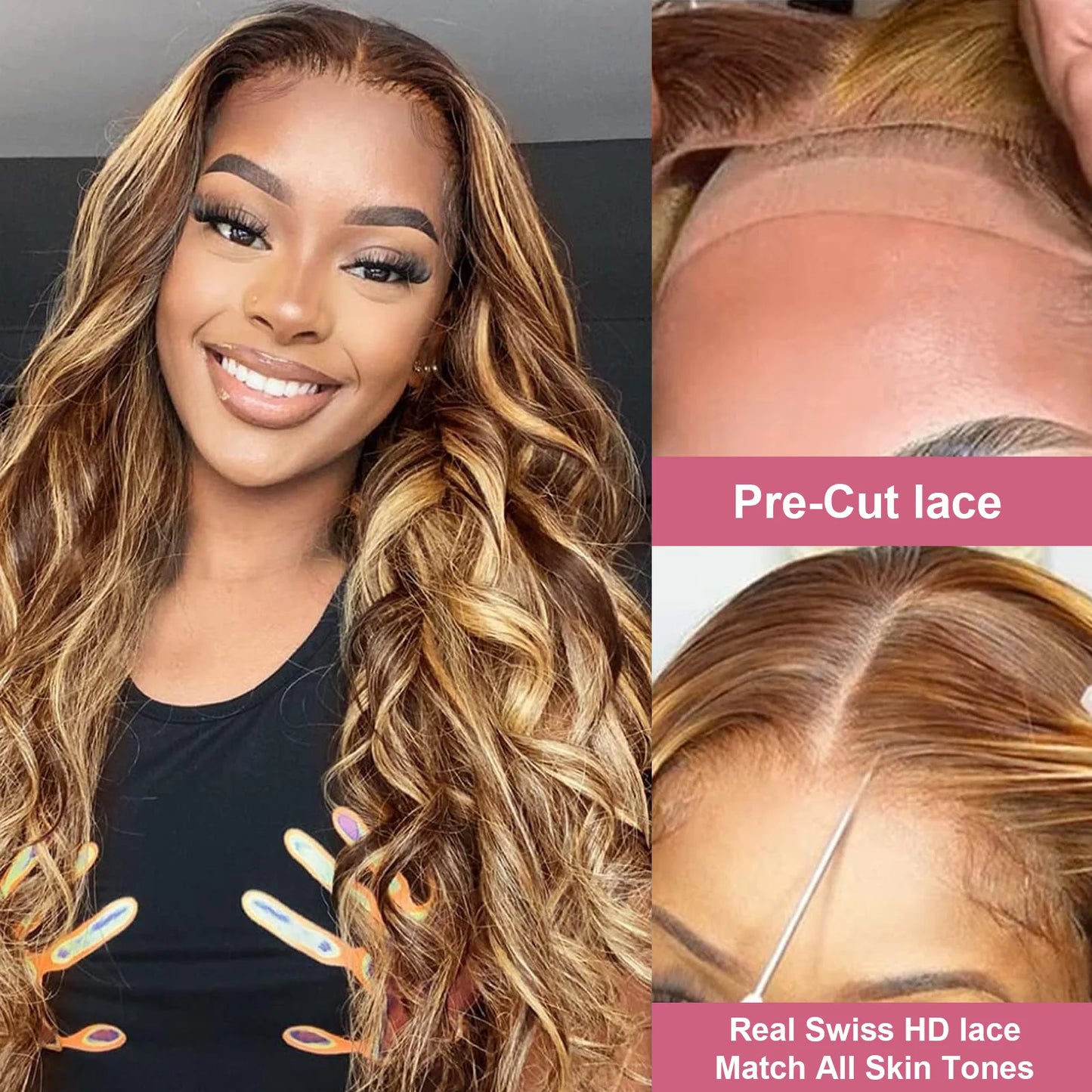 Wear And Go Highlight Ombre 7x5 Closure Pre Cut Glueless Wig Human Hair Ready To Wear 4/27 Body Wave  13x4 Front Preplcuked