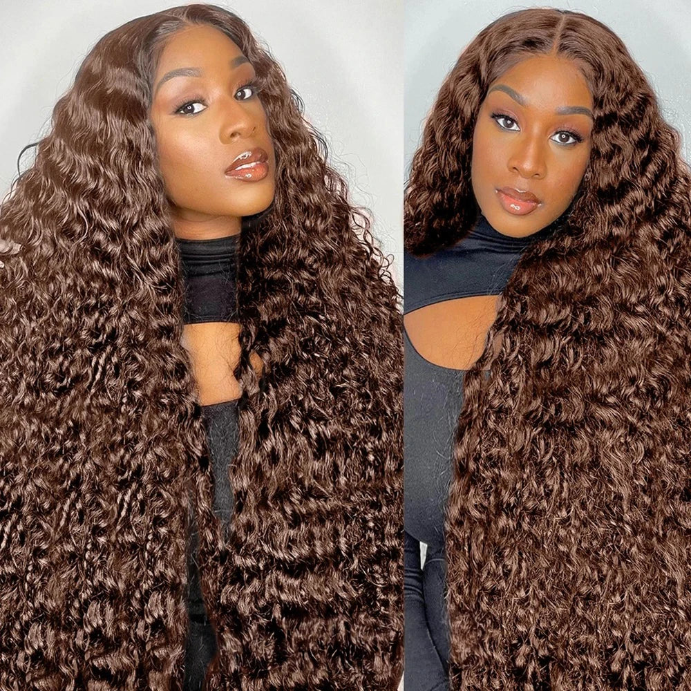 Chocolate Brown Deep Wave Lace Front Wig – 13x6 Transparent HD Human Hair Wig for Women
