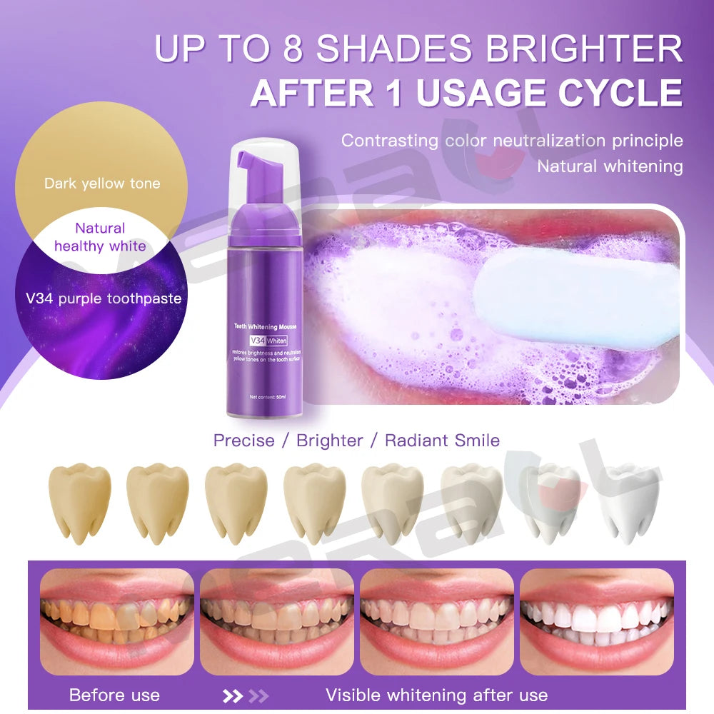 ORALUX EFFECTIVENESS, V34 Teeth Whitening Dental Whitening Teeth Whitener Mousse Oral Cleaning Tooth Dental Care Purple Toothpaste Repair Bleaching