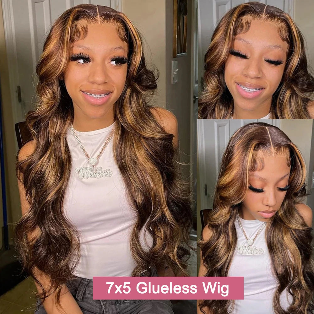 Wear And Go Highlight Ombre 7x5 Closure Pre Cut Glueless Wig Human Hair Ready To Wear 4/27 Body Wave  13x4 Front Preplcuked