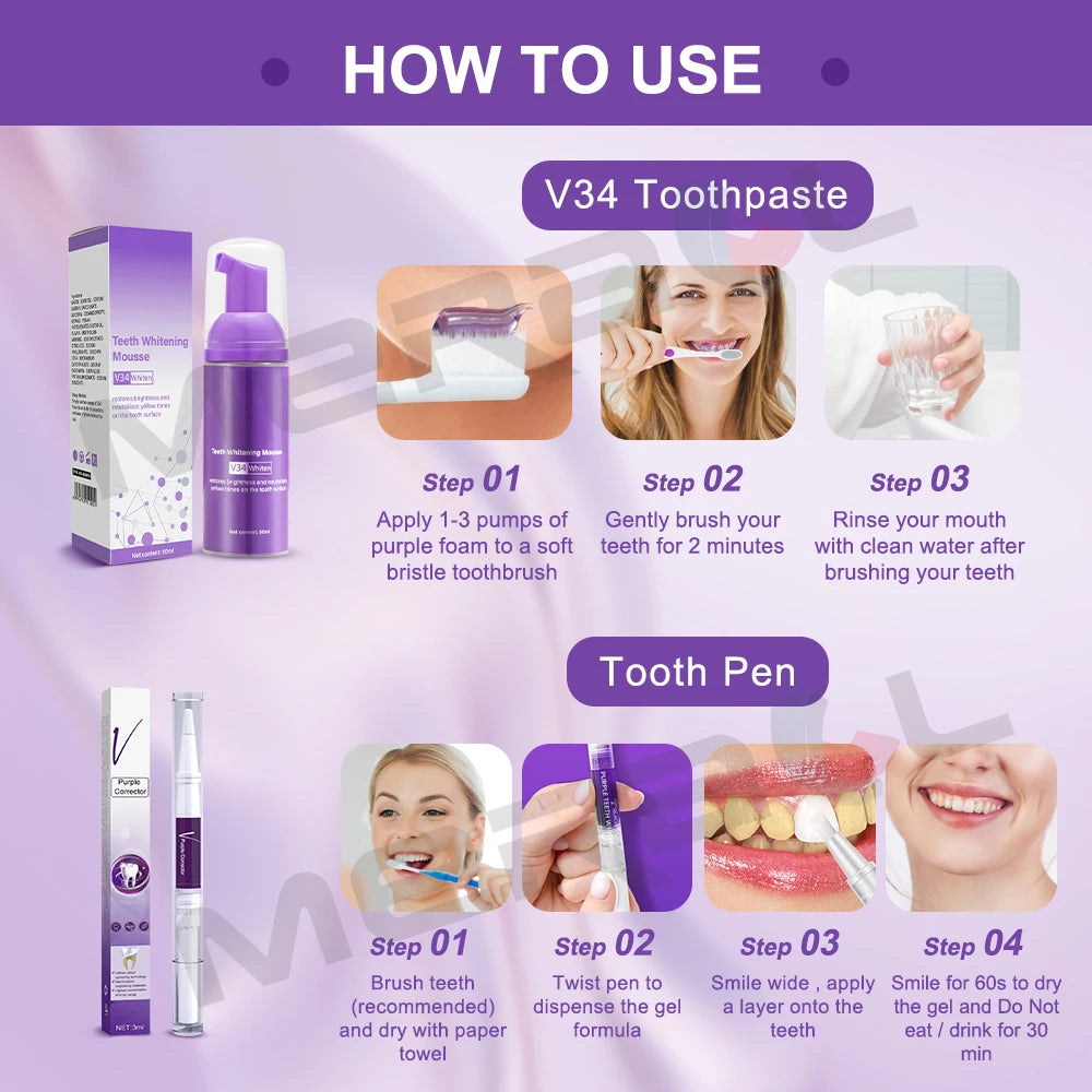 ORALUX EFFECTIVENESS, V34 Teeth Whitening Dental Whitening Teeth Whitener Mousse Oral Cleaning Tooth Dental Care Purple Toothpaste Repair Bleaching