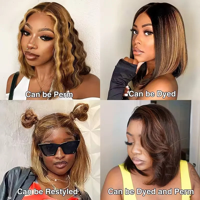 Ombre Brown 4/27 Highlight Bob Wig – Straight Glueless Lace Front Human Hair for Women