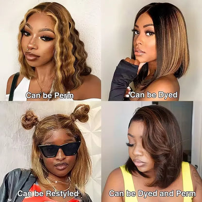 Ombre Brown 4/27 Highlight Bob Wig – Straight Glueless Lace Front Human Hair for Women