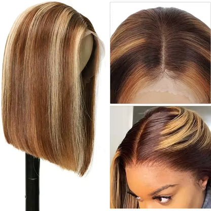 Ombre Brown 4/27 Highlight Bob Wig – Straight Glueless Lace Front Human Hair for Women