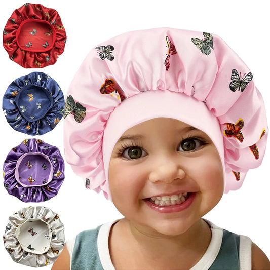 Kids Satin Bonnet Butterfly Print Children's New Elastic Elastic Print Bonnet Cap, Fashion Comfortable Sleeping Cap Hair Cap