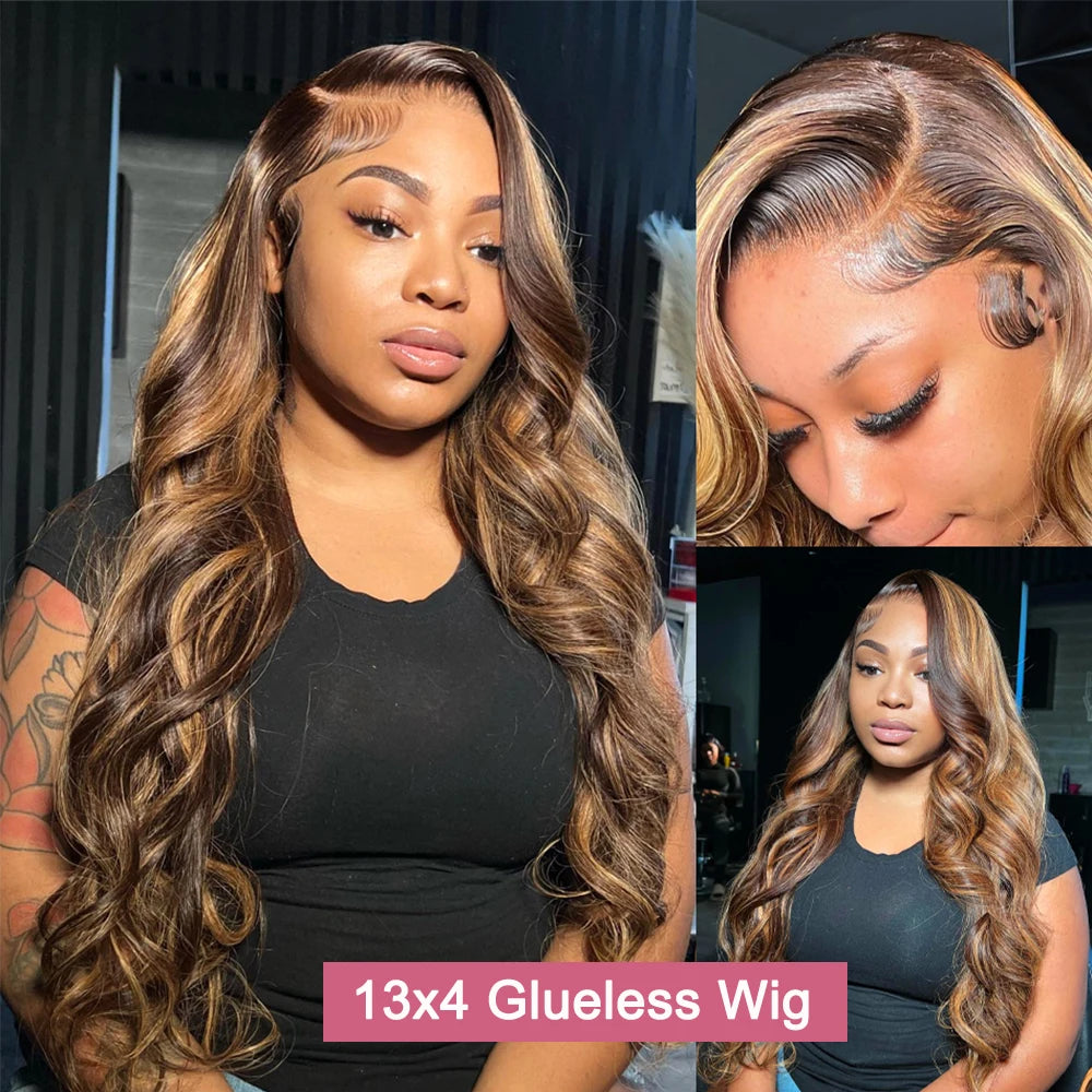 Wear And Go Highlight Ombre 7x5 Closure Pre Cut Glueless Wig Human Hair Ready To Wear 4/27 Body Wave  13x4 Front Preplcuked