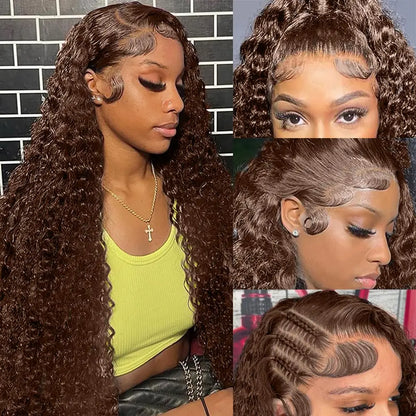 Chocolate Brown Deep Wave Lace Front Wig – 13x6 Transparent HD Human Hair Wig for Women