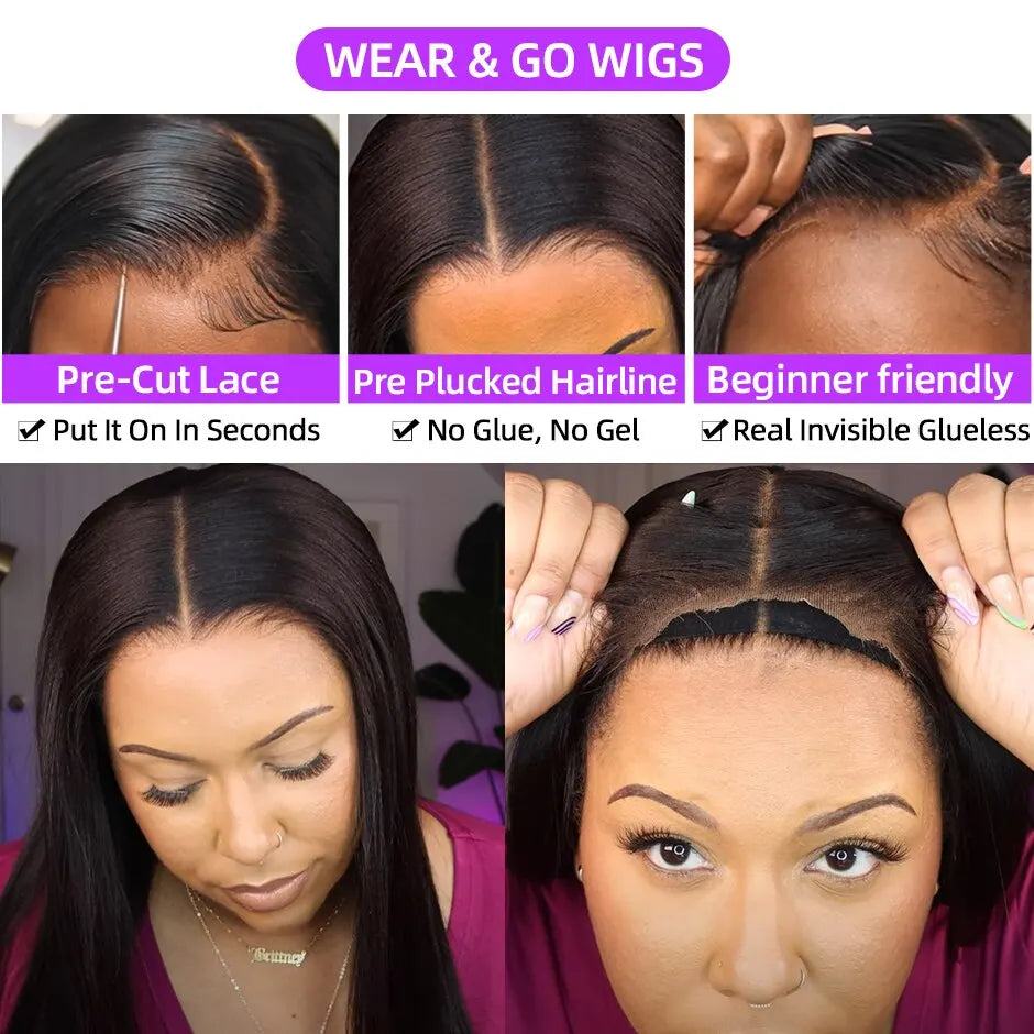 Wear and Go Glueless Wigs Pre Cut Lace Ready To Wear HD Lace Frontal Wig Human Hair Straight 4x4 Lace Closure Wig No Glue