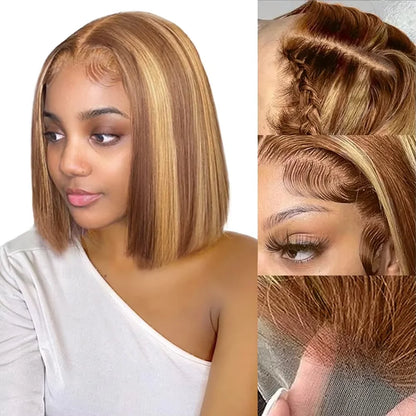 Ombre Brown 4/27 Highlight Bob Wig – Straight Glueless Lace Front Human Hair for Women