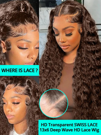 Chocolate Brown Deep Wave Lace Front Wig – 13x6 Transparent HD Human Hair Wig for Women