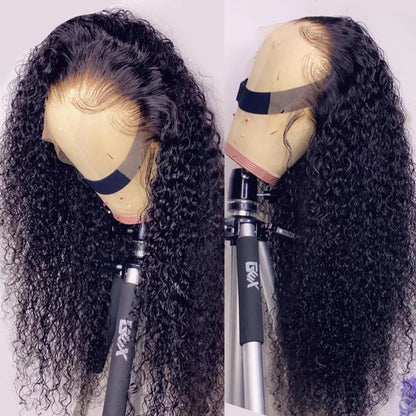 Long Kinky Curly Human Hair Wig For Women Raw Indian Hair 13X4 Transparent Lace Frontal Wig Pre-plucked 30 Inch Natural Color