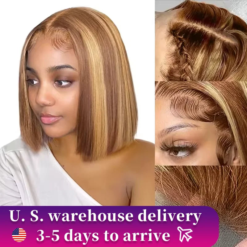Ombre Brown 4/27 Highlight Bob Wig – Straight Glueless Lace Front Human Hair for Women
