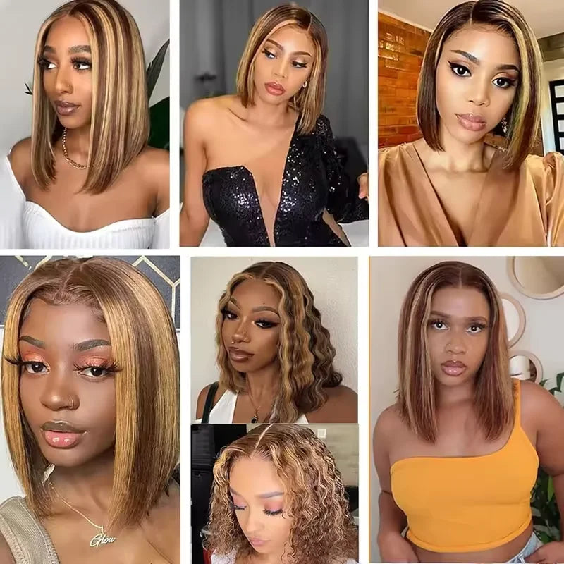 Ombre Brown 4/27 Highlight Bob Wig – Straight Glueless Lace Front Human Hair for Women